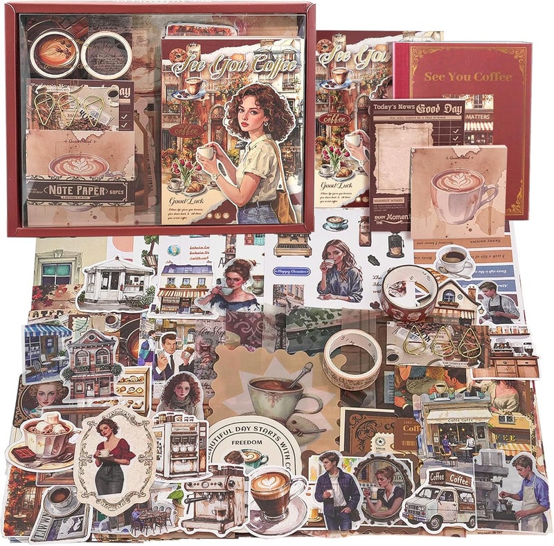 Aromoty Scrapbooking Supplies Kit, Coffee Aesthetic Vintage Scrapbook Kit for Bullet Junk Journal A6 Grid Notebook Stationary Journaling Supplies DIY Craft Birthday Holiday Gifts for Women Kid Teen Girl - Image 1